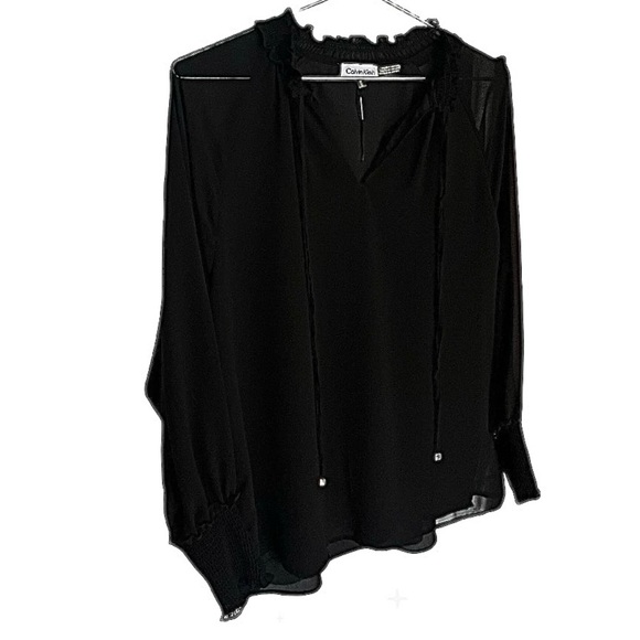 Calvin Klein | Vintage Black Tie Neck Smocked Blouse | Women’s Size Medium - Picture 4 of 9